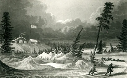 Vinterudsigt over Fort Franklin, indgraveret af Edward Francis Finden (1791-1857) maj 1828